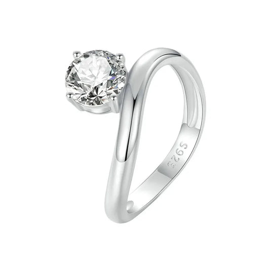 Close-up detail of the moissanite stone and white gold plating on the Moonlit Wave Ring