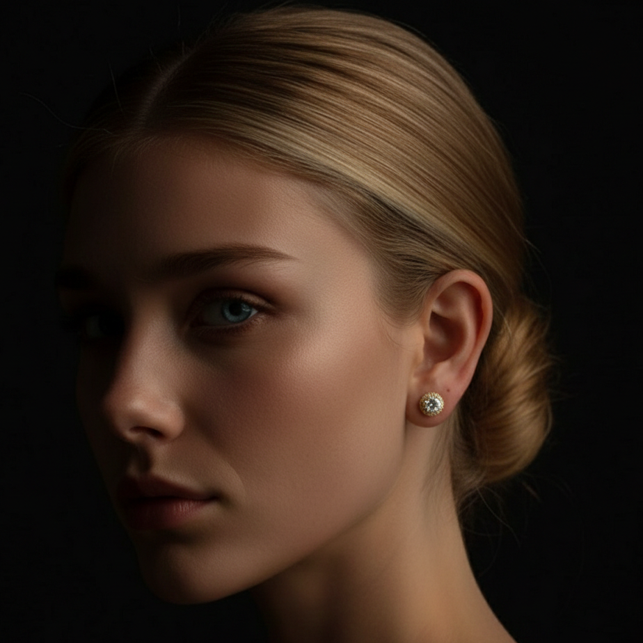 Portrait view of a model wearing the 18K gold-plated Pure Halo Studs to showcase their timeless elegance