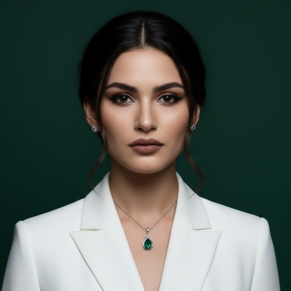 Woman wearing a white blazer and emerald necklace against a dark green background