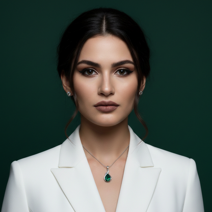 Woman wearing a white blazer and emerald necklace against a dark green background