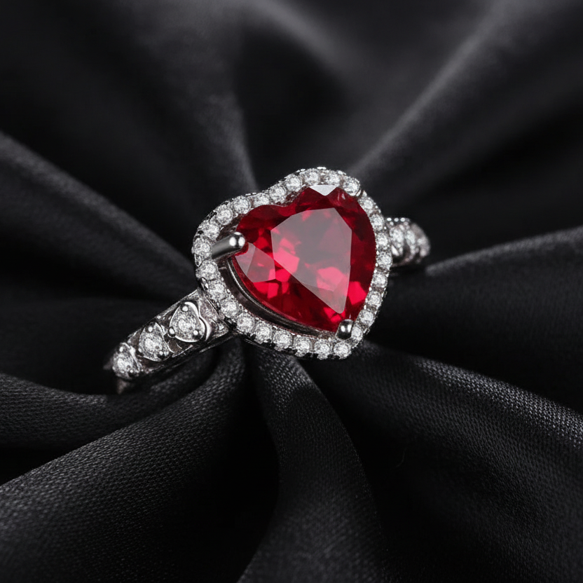 Heart-shaped red gemstone ring with diamonds on black fabric