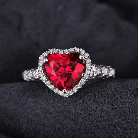 Close-up of the Ruby Love Silver Ring showcasing the heart-shaped lab-grown ruby and sparkling halo.