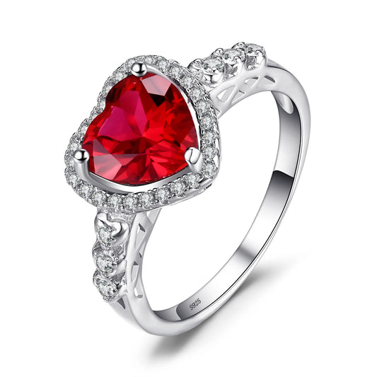 Close-up of the Ruby Love Silver Ring showcasing the heart-shaped lab-grown ruby and sparkling halo of cubic zirconia.