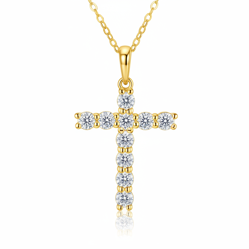 The Signature Moissanite Cross Necklace in a yellow gold plated finish over 925 silver