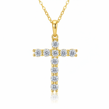 The Signature Moissanite Cross Necklace in a yellow gold plated finish over 925 silver
