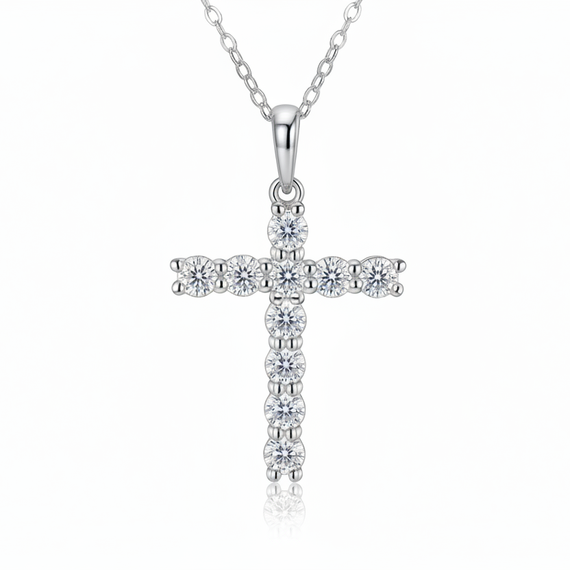 A luxury shared-prong moissanite cross necklace in 925 sterling silver, front view