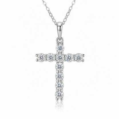 A luxury shared-prong moissanite cross necklace in 925 sterling silver, front view