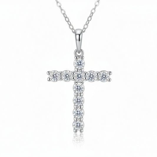 A luxury shared-prong moissanite cross necklace in 925 sterling silver, front view