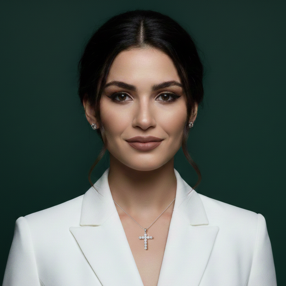 Model wearing the Signature Moissanite Cross in 925 Silver, highlighting the brilliant shared-prong sparkle