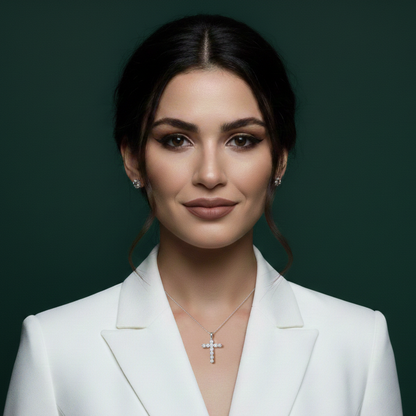 Model wearing the Signature Moissanite Cross in 925 Silver, highlighting the brilliant shared-prong sparkle