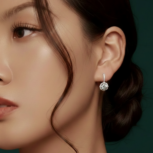 2.0 ctw Versailles Halo Moissanite Earrings worn on a model to demonstrate scale and elegant