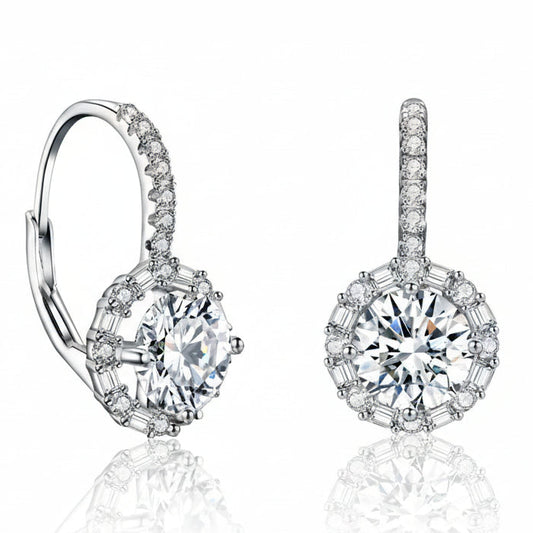 Close-up of the Versailles earrings showing the architectural halo of alternating baguette and round-cut moissanite stones
