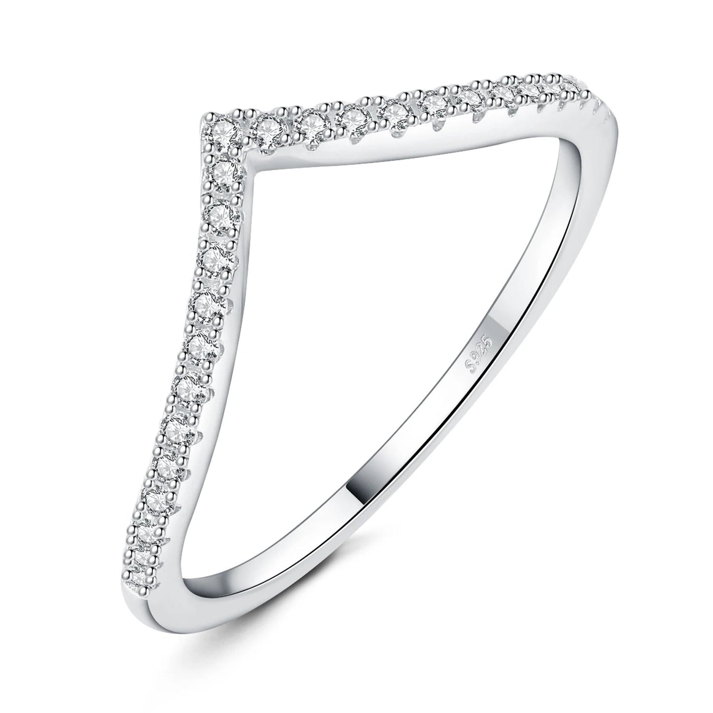 Vesper V Silver Ring with V-shaped design and round moissanite stones in platinum plated sterling silver
