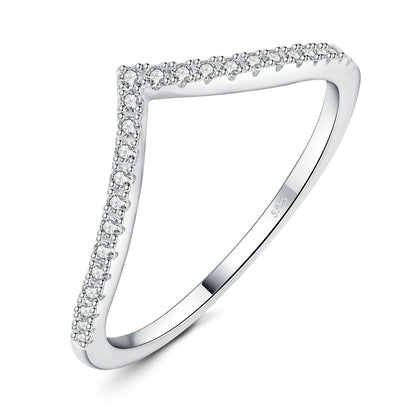 Vesper V Silver Ring with V-shaped design and round moissanite stones in platinum plated sterling silver