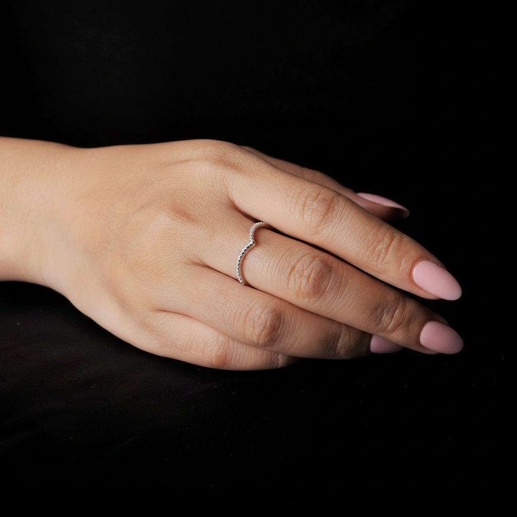 Model wearing the Vesper V Silver Ring for a clean and elegant look