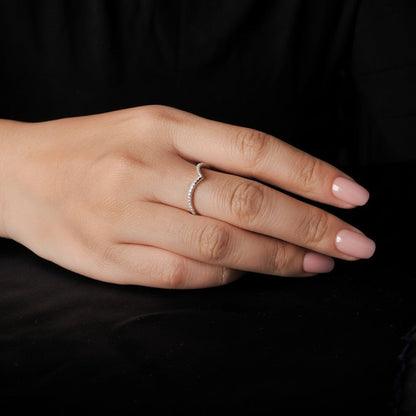 Model wearing the Vesper V Silver Ring showcasing modern V-shaped elegance
